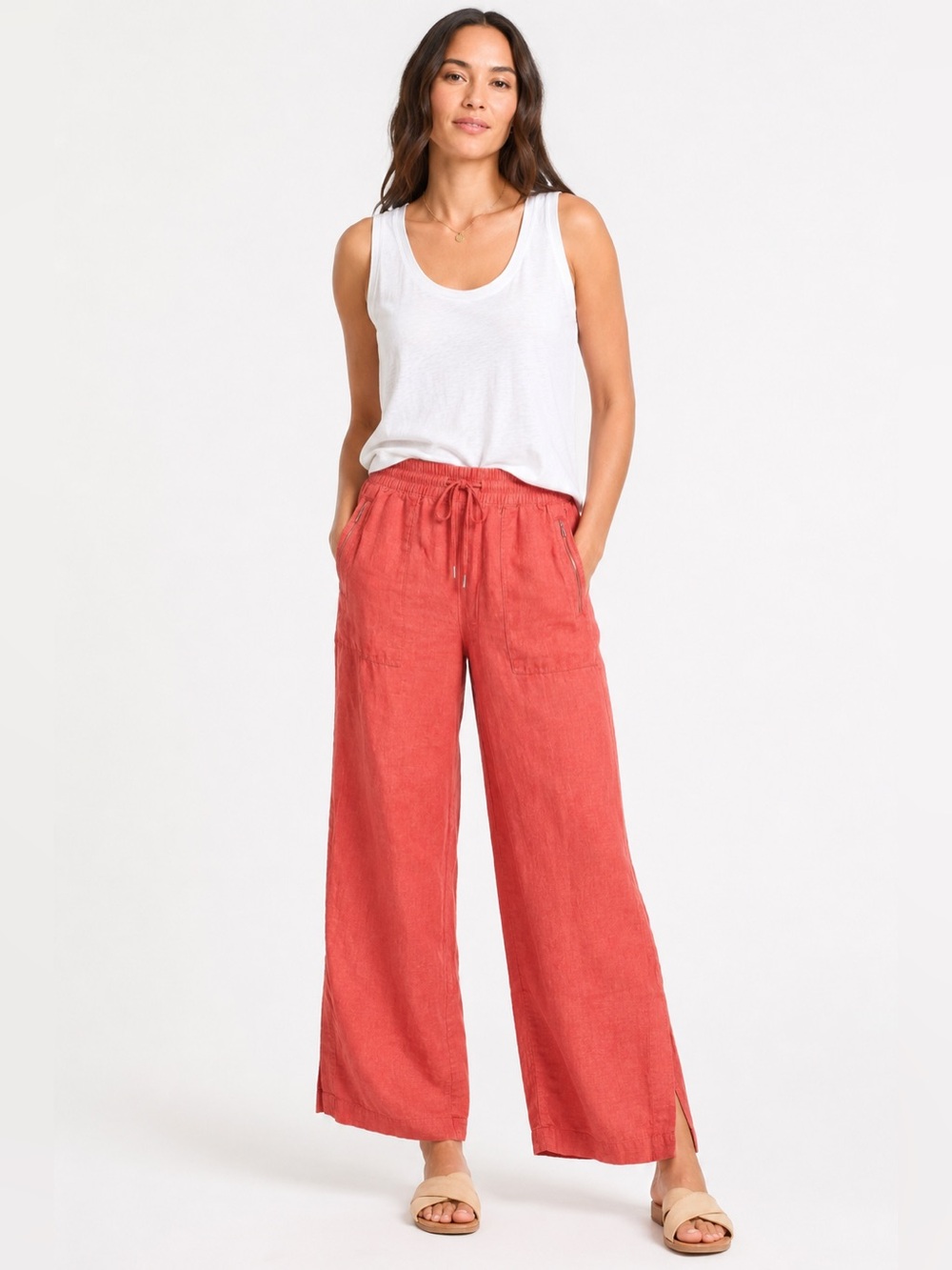 Athleta Retreat Linen Wide Leg Pants Soft Persimmon Orange 14 Tall 100% Linen